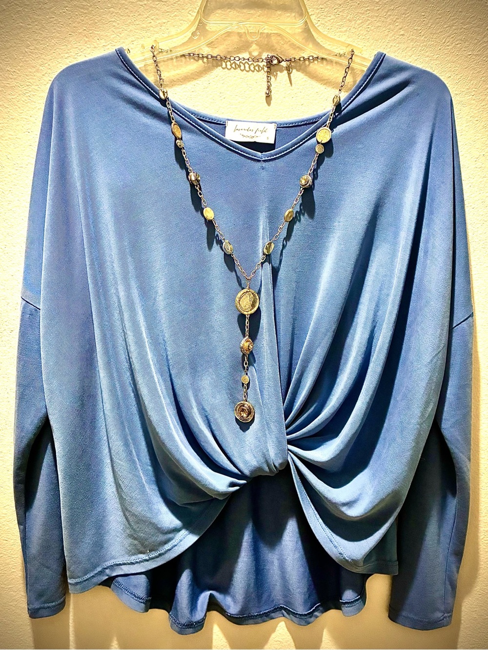 Lavender Field Blue V-Neck Twist-Front Women’s Top,Small